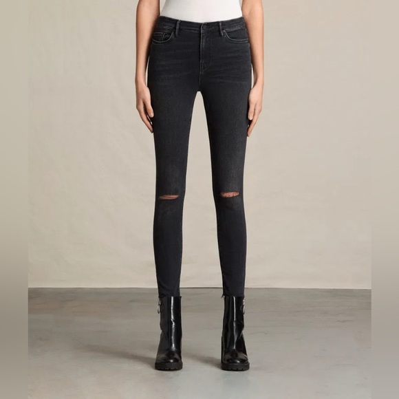 All Saints Grace Slashed Knee Skinny Jeans in Black, size 29 - Picture 1 of 13